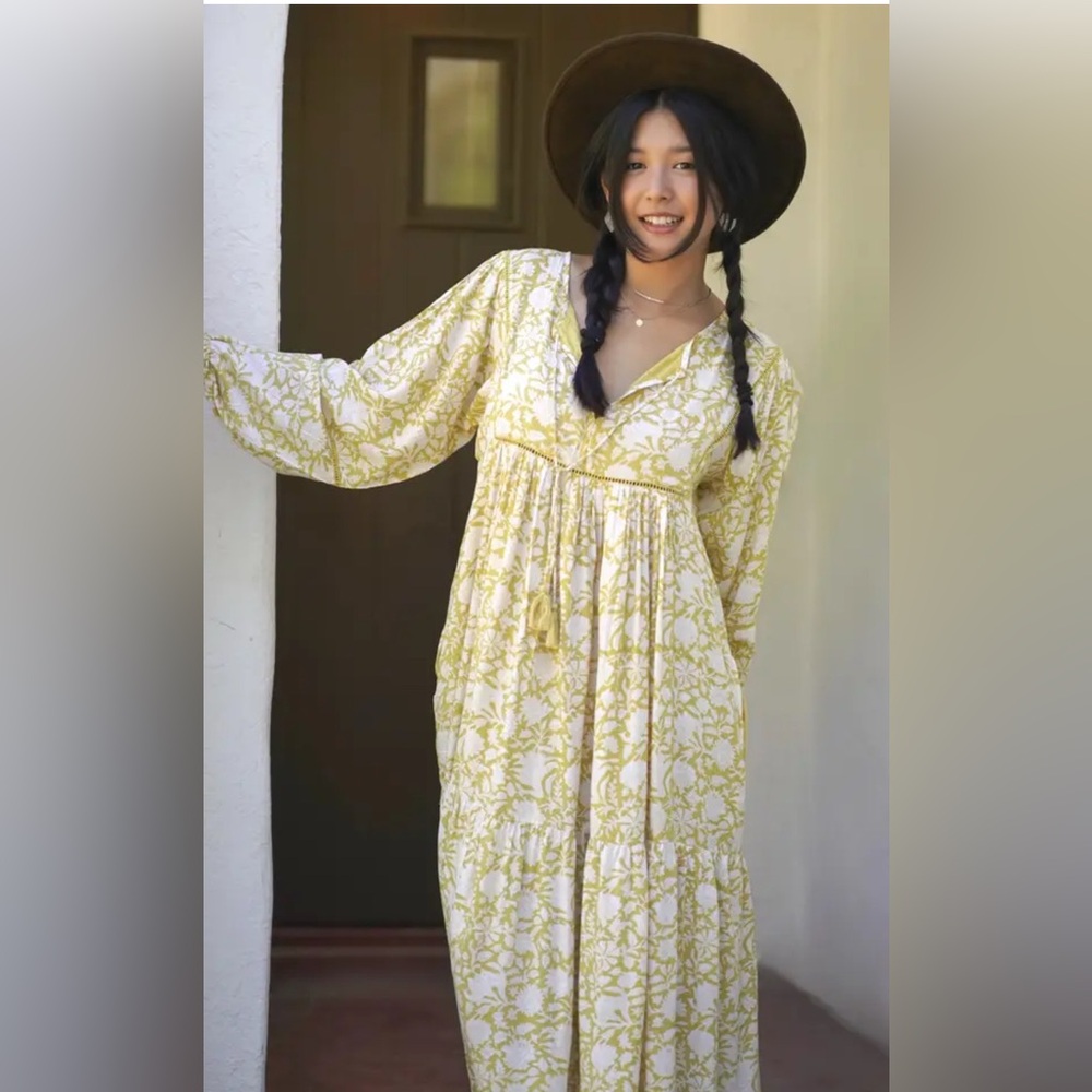 Dolma Long Sleeve Floral Maxi Dress in Yellow Cream